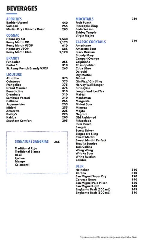 Straight Up Menu .